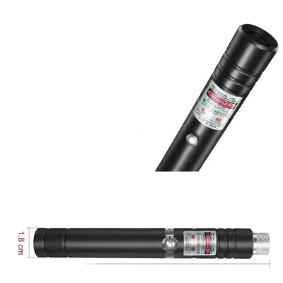 Grüner Laserpointer mit Sternenhimmel-Effekt, USB-Akku und Warnhinweisen auf dem Gehäuse, 1,8 cm Durchmesser