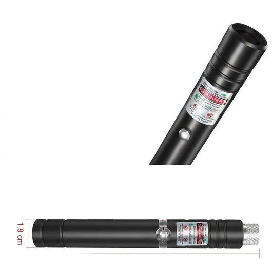 Grüner Laserpointer mit Sternenhimmel-Effekt, USB-Akku und Warnhinweisen auf dem Gehäuse, 1,8 cm Durchmesser