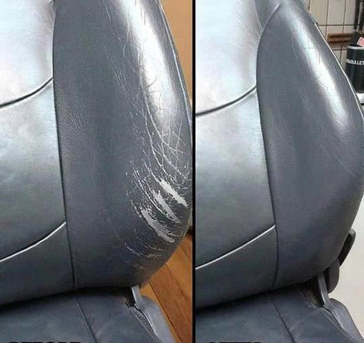Vergleich eines abgenutzten Autositzes vor und nach der Anwendung der Lederpflege Creme zur Farbauffrischung.