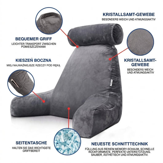 Lesekissen fürs Bett mit Armlehnen - Ergonomische Rücken- und Nackenstütze für Komfort
