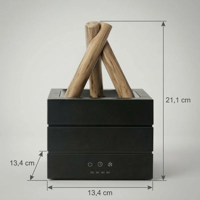 Schwarzer Luftbefeuchter mit Holzoptik-Elementen und Maßangaben in Zentimetern