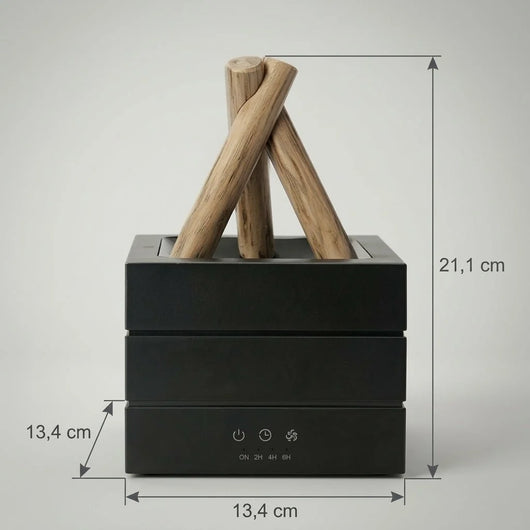 Schwarzer Luftbefeuchter mit Holzoptik-Elementen und Maßangaben in Zentimetern
