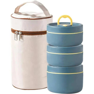 Isoliertes Edelstahl-Lunchbox-Set mit drei stapelbaren Behältern und passender Tragetasche für warme und kalte Speisen