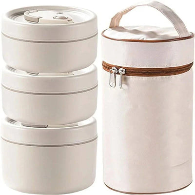 Isoliertes Edelstahl-Lunchbox-Set mit drei stapelbaren Behältern für warme und kalte Speisen und passender Tragetasche.