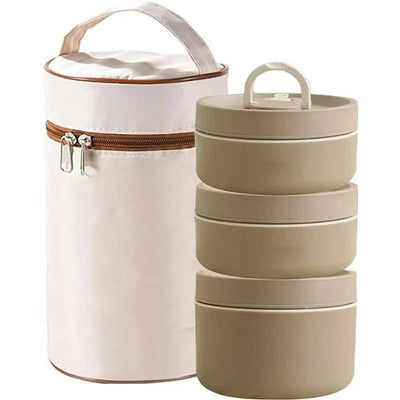 Isoliertes Edelstahl-Lunchbox-Set mit drei stapelbaren Behältern und passender Tragetasche.