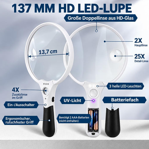 Lupe mit LED-Licht 13.7 cm – 2x, 4x, 25x Vergrößerung für Lesen und Echtheitsprüfung
