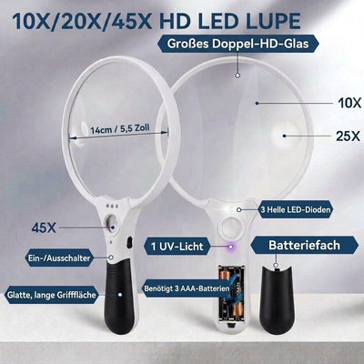Lupe mit LED-Licht 14 cm – 10x, 20x, 45x Vergrößerung für Lesen und Echtheitsprüfung