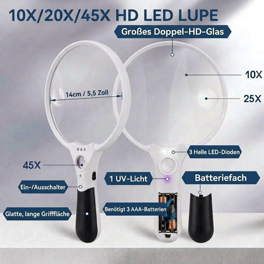 Lupe mit LED-Licht 14 cm – 10x, 20x, 45x Vergrößerung für Lesen und Echtheitsprüfung