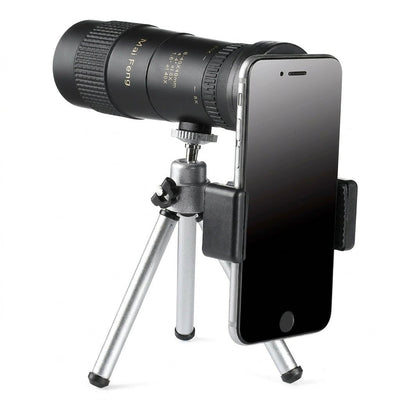 Monokular mit 4-40-facher Vergrößerung, Nachtsicht, Wasserdichtigkeit und Bildstabilisierung auf einem Stativ mit Smartphone