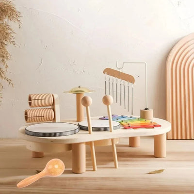 Montessori-Schlagzeug für Kleinkinder mit Trommel, Xylophon und verschiedenen Klangelementen für kreatives Musiklernen