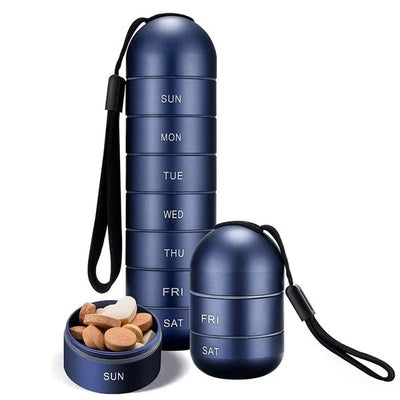 Wasserdichter Pillenorganizer aus Aluminium mit sieben stapelbaren Fächern für Reisen und Outdoor-Aktivitäten