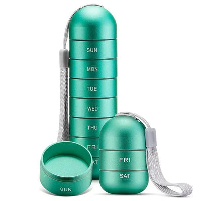 Wasserdichter Pillenorganizer aus Aluminium mit sieben stapelbaren Fächern für die Wochentage