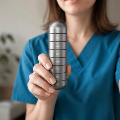 Eine Person in blauer Arbeitskleidung hält einen stapelbaren Pillenorganizer aus Aluminium mit Wochentagsbeschriftung.
