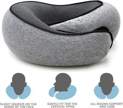 Graues Reise-Nackenkissen aus Memory-Schaum mit Grafiken zur Veranschaulichung der ergonomischen Stützfunktion am Hals.
