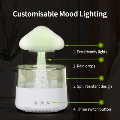 Schreibtischlampe mit Luftbefeuchter und Regenwolken-Design, die anpassbare Stimmungsbeleuchtung und drei Tasten bietet.