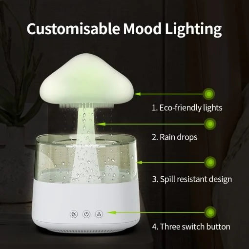 Schreibtischlampe mit Luftbefeuchter und Regenwolken-Design, die anpassbare Stimmungsbeleuchtung und drei Tasten bietet.
