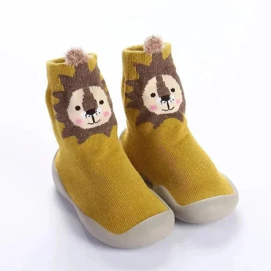 Gelbe Kindersockenschuhe mit Löwenmotiv, rutschfester Sohle und weichem Material für drinnen, geeignet für 0-3 Jahre