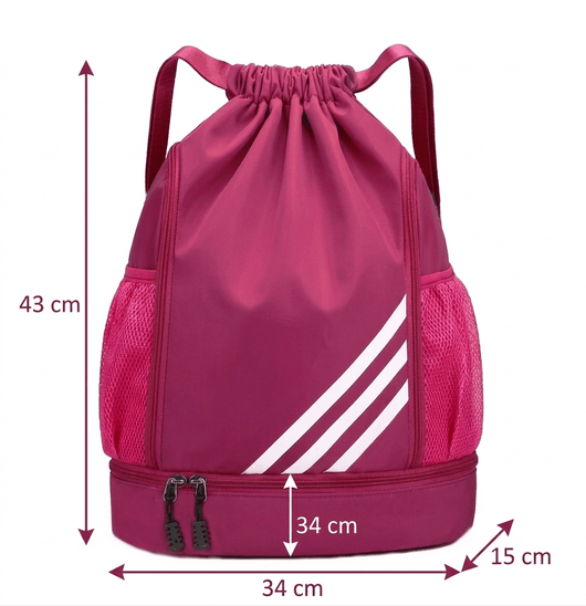 Sportrucksack mit Ballfach, wasserdichtem Material und Nass-Trocken-Trennung, inklusive Maßangaben in Zentimetern.