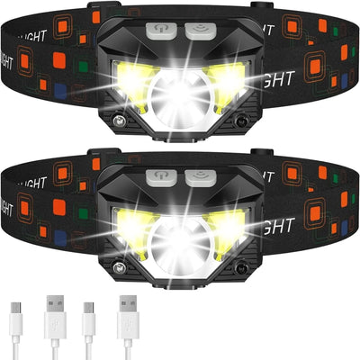 Zwei LED-Stirnlampen mit 1200 Lumen und Bewegungssensor inklusive USB-Ladekabel für Joggen und Camping