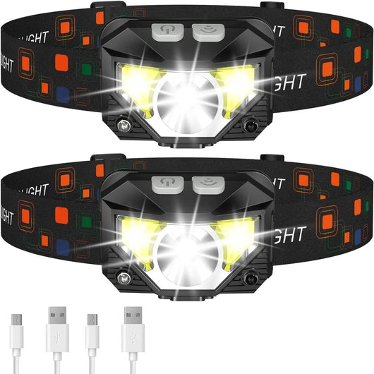Zwei LED-Stirnlampen mit 1200 Lumen und Bewegungssensor inklusive USB-Ladekabel für Joggen und Camping