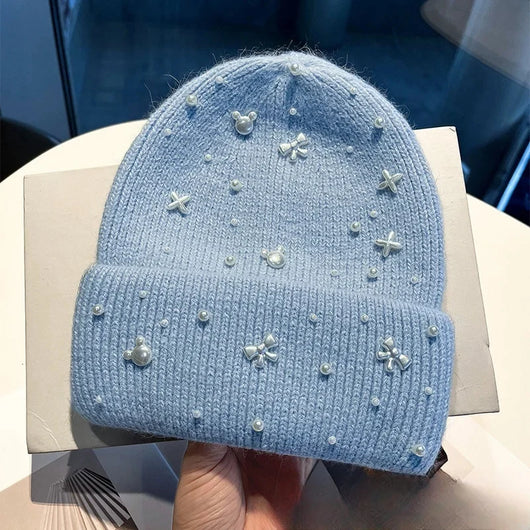 Strickmütze Damen mit Perlenverzierung – Warme Wintermütze mit umklappbarem Rand für kalte Tage 3