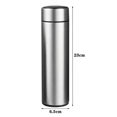 Edelstahl-Thermosflasche mit LED-Temperaturanzeige, 23 cm hoch und 6,5 cm im Durchmesser.