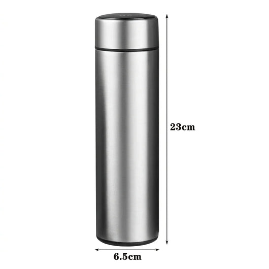 Edelstahl-Thermosflasche mit LED-Temperaturanzeige, 23 cm hoch und 6,5 cm im Durchmesser.