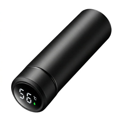 Schwarze Edelstahl-Thermosflasche mit 500 ml Fassungsvermögen und LED-Temperaturanzeige, die 56 Grad anzeigt.