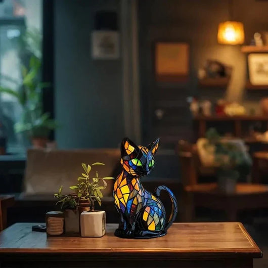 Tischlampe Katze aus Buntglas – LED Nachttischlampe für warmes Licht im Wohnzimmer 3