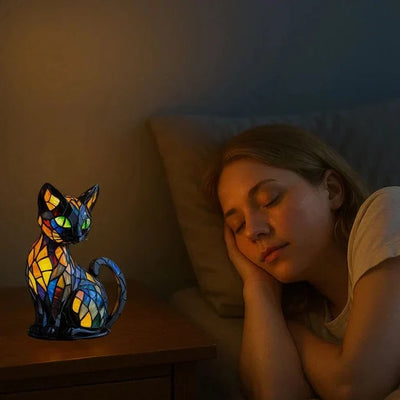 Tischlampe Katze aus Buntglas – LED Nachttischlampe für warmes Licht im Wohnzimmer 4