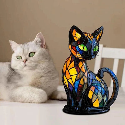 Tischlampe Katze aus Buntglas – LED Nachttischlampe für warmes Licht im Wohnzimmer 5