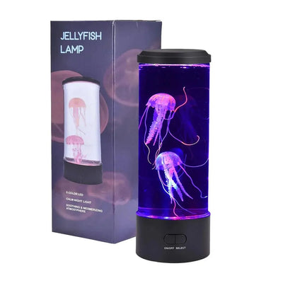 LED-Quallenlampe mit entspannender Atmosphäre und Farbwechsel, präsentiert mit Verpackung und Bedienknöpfen.