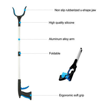 Tragbarer Greifer mit 81 cm Länge, faltbar, mit rutschfestem Greifkopf, Aluminiumarm und ergonomischem Griff.
