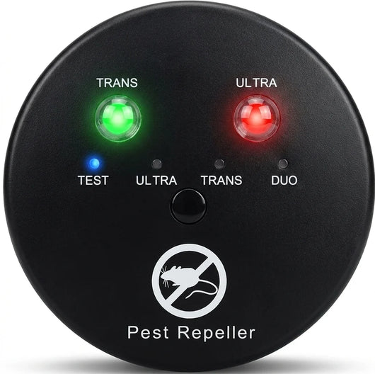 Ultraschall-Schädlingsbekämpfer mit Kontrollleuchten für die Betriebsmodi Test, Ultra, Trans und Duo.