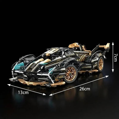 V12 Automodell mit 1690 Teilen, Maßen von 26 cm Länge, 13 cm Breite und 7 cm Höhe sowie funktionaler Federung und Lenkung