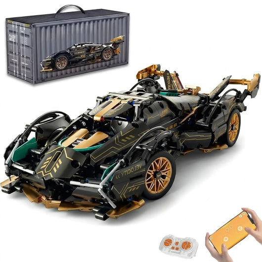 V12 Automodell mit 1690 Teilen, inklusive Transportcontainer, Fernsteuerung und Smartphone-App-Steuerung.