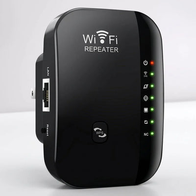 Schwarzer WLAN Repeater für Zuhause und Büro zur Reichweitenverstärkung mit LAN-Anschluss und WPS-Taste