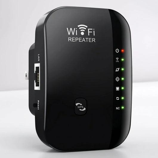 Schwarzer WLAN Repeater für Zuhause und Büro zur Reichweitenverstärkung mit LAN-Anschluss und WPS-Taste