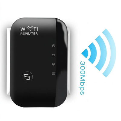 Schwarzer WLAN-Repeater mit WPS-Taste und einer Übertragungsrate von 300 Mbit/s zur Reichweitenverstärkung.