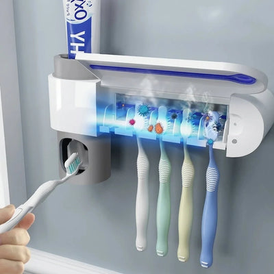 Wandmontierter Zahnbürstenhalter mit UV-Sterilisator und integriertem Zahnpastenspender für fünf Zahnbürsten