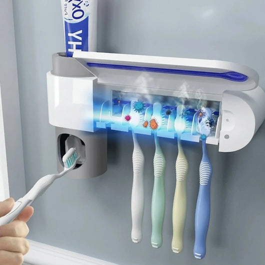 Wandmontierter Zahnbürstenhalter mit UV-Sterilisator und integriertem Zahnpastenspender für fünf Zahnbürsten