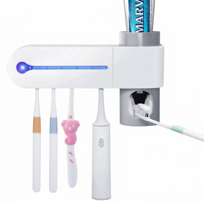 Wandmontierter Zahnbürstenhalter mit UV-Sterilisator und integriertem Zahnpastenspender für fünf Zahnbürsten.