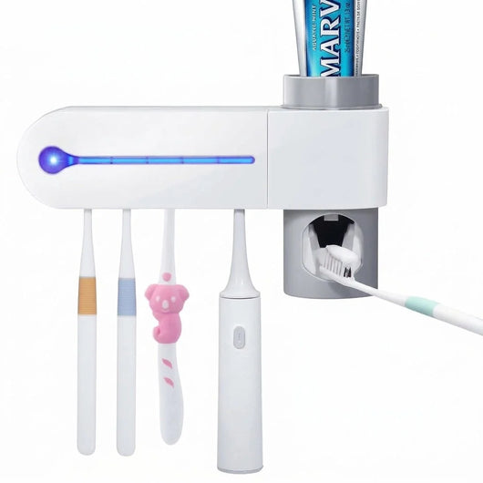 Wandmontierter Zahnbürstenhalter mit UV-Sterilisator und integriertem Zahnpastenspender für fünf Zahnbürsten.