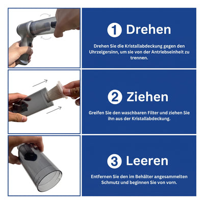 Anleitung in drei Schritten zur Reinigung des Akku-Autostaubsaugers: Gehäuse abdrehen, Filter entnehmen und Behälter leeren.
