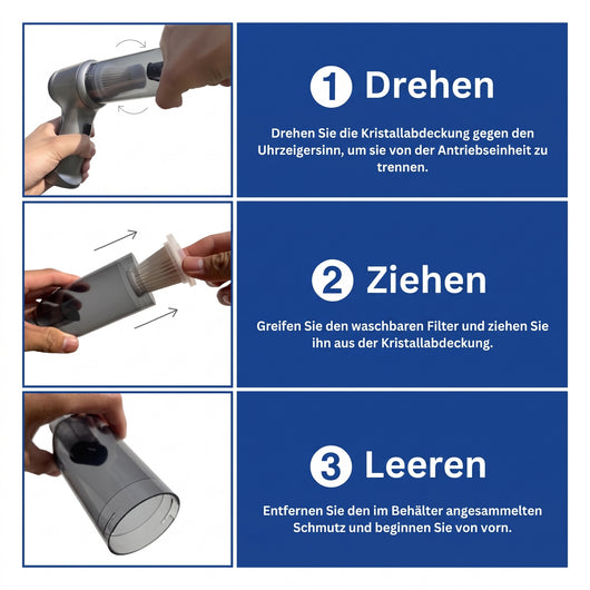 Anleitung in drei Schritten zur Reinigung des Akku-Autostaubsaugers: Gehäuse abdrehen, Filter entnehmen und Behälter leeren.