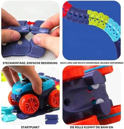 Anti-Schwerkraft-Rennstrecke für Kinder: Montage der Schienen, flexible Kurven, Startposition und Auto auf der Bahn.