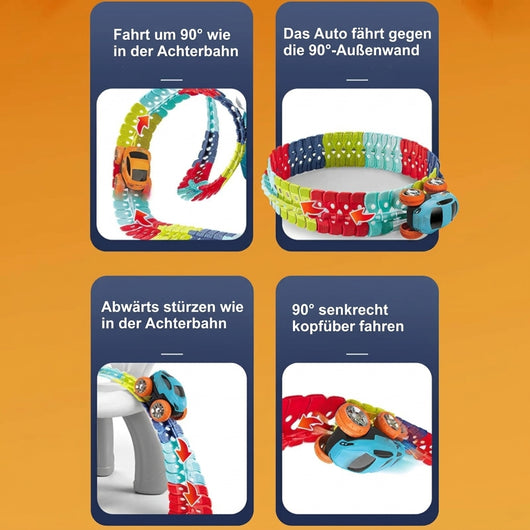 Vier Ansichten einer flexiblen Anti-Schwerkraft-Rennstrecke, auf der ein Spielzeugauto vertikale Kurven und Loopings fährt.
