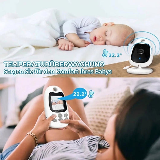 Ein Babyphone mit Kamera zeigt die Temperaturüberwachung im Kinderzimmer und die Anzeige auf dem Elterngerät.