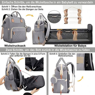 Anleitung zum Umbau des Wickelrucksacks in ein Reisebett mit integrierter Wickelstation für unterwegs