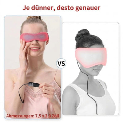 Vergleich zweier beheizbarer Augenmasken mit USB-Anschluss und Temperaturregelung, Maße 7,5 x 2,0 Zoll.
